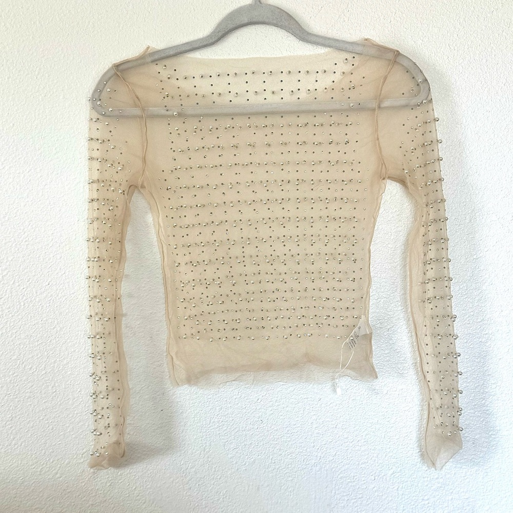 Sheer Pearl Beaded Mesh Top Nude Champagne Long Sleeve Evening Blouse XS NEW - Picture 2 of 10